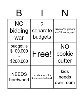 House Hunters Bingo Card