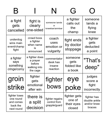 UFC Fight Night Bingo Card