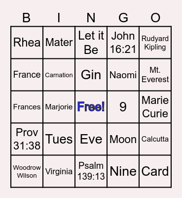 Mothers Day Bingo Card