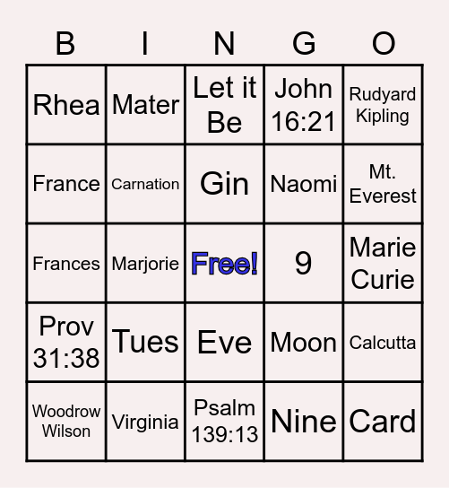 Mothers Day Bingo Card