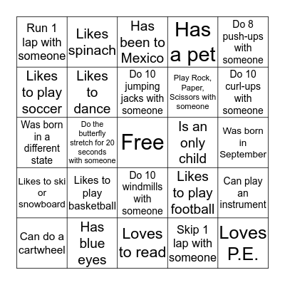 P.E. Cooperative Human Bingo Card