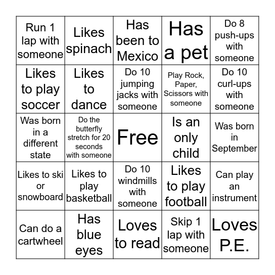 P.E. Cooperative Human Bingo Card