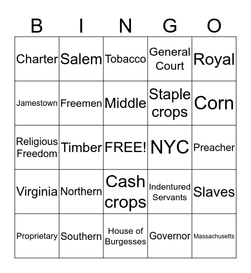 Colonies Bingo Card