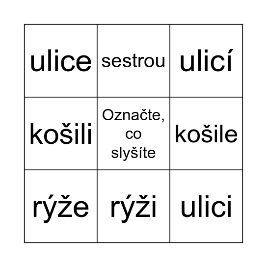 Gramatické bingo - nominativ/akuzativ/instrumentál Bingo Card