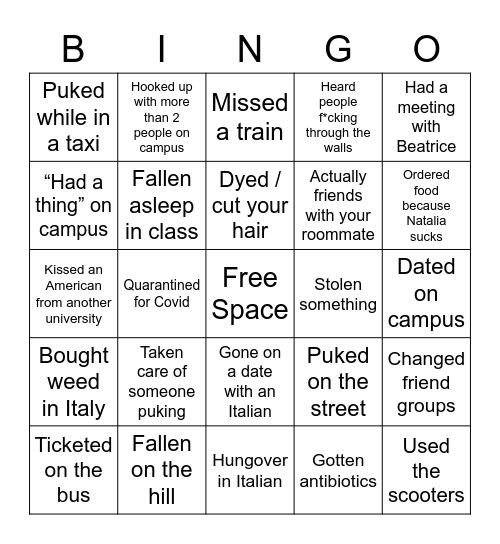 NYU Florence Bingo Card