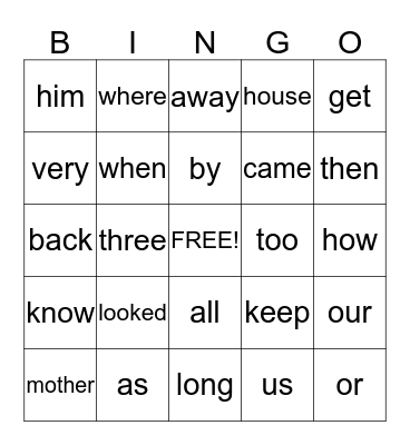 Spelling Words Bingo Card