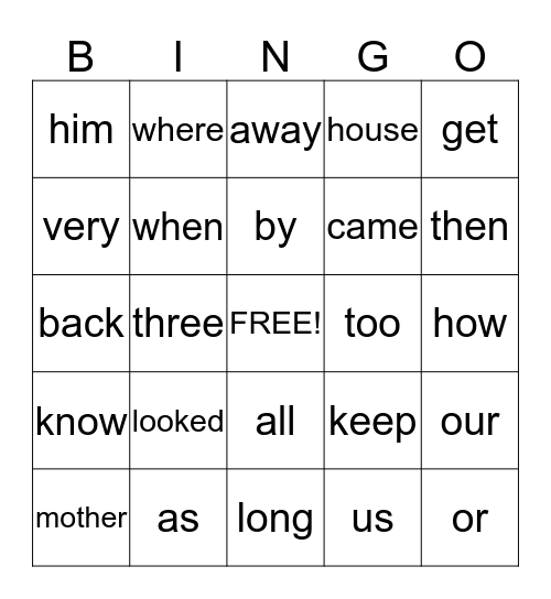 Spelling Words Bingo Card