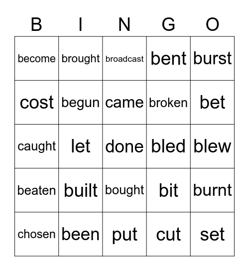 irregular verbs Bingo Card