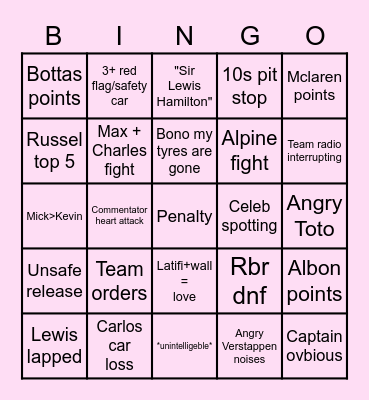 F1 2022 Bingo Card