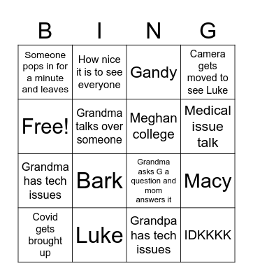 Family Zoom Bingo Card