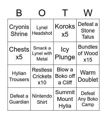 Great Plateau Master Mode Bingo Card