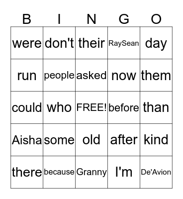 Spelling Words Bingo Card