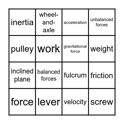 Unit F: Forces and Machines Bingo Card