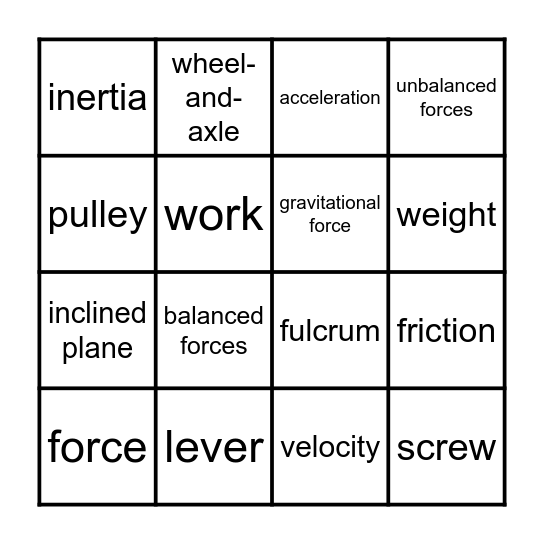 Unit F: Forces and Machines Bingo Card