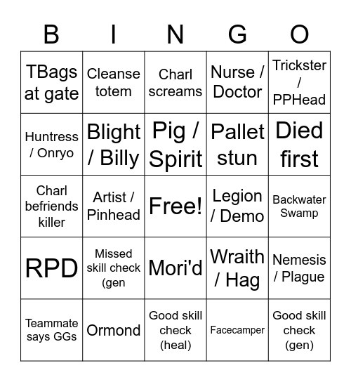 Dead By Daylight Bingo Card