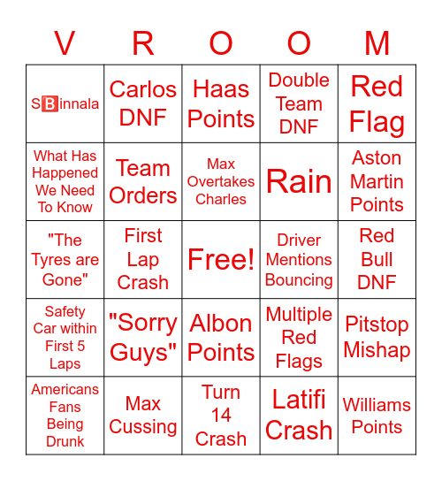 Furry F1 Bingo Card