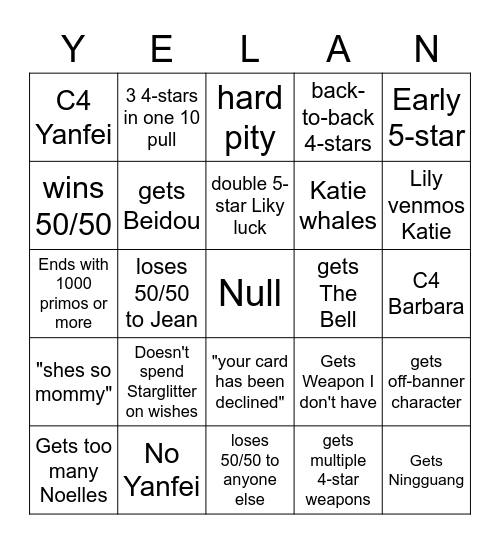 Katie's Yelan Bingo Card