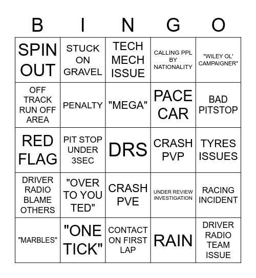 F1   BINGO Card