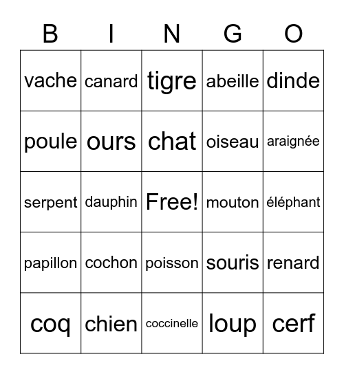 Bingo - Les animaux Bingo Card