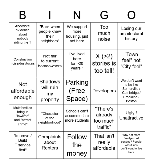 Newton NIMBY Bingo Card