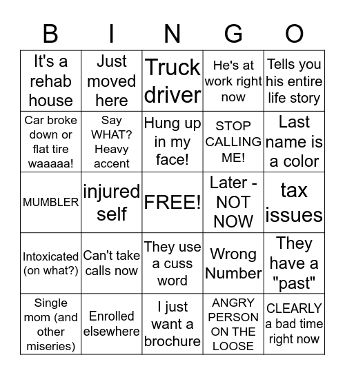 Ultimate Loser Bingo Card