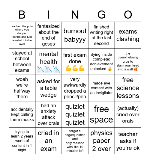 bingo to make gcses slightly more bearable Bingo Card