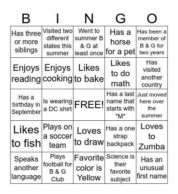 Get to know Club members/staff Bingo Card