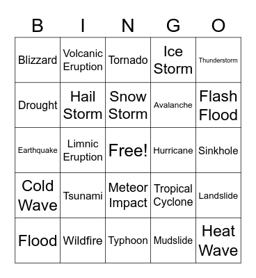 Natural Hazards Bingo Card