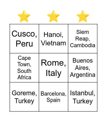 Holiday Destination Bingo Card