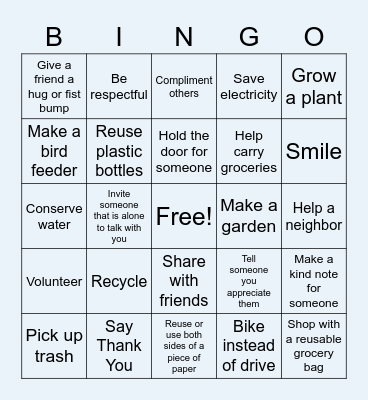 Kindness to Others and the Environment Bingo Card
