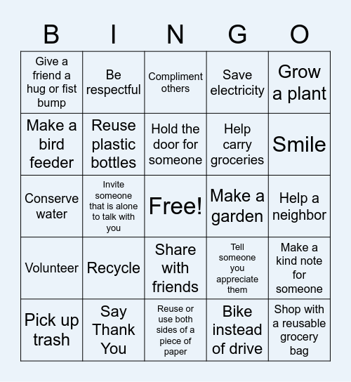 Kindness to Others and the Environment Bingo Card