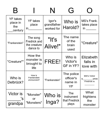 Young Frankenstein Bingo Card