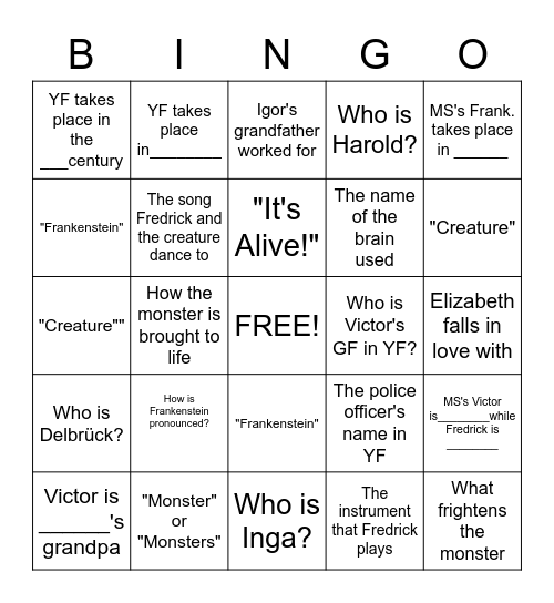 Young Frankenstein Bingo Card