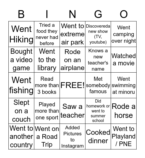 Summer Vacation + Bonus (Find all) Bingo Card