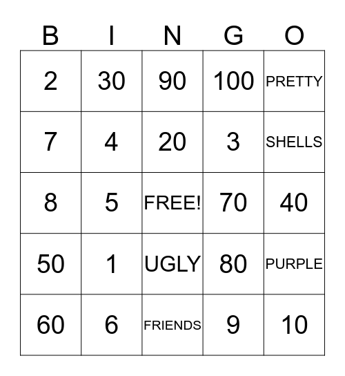 Numbers Bingo Card