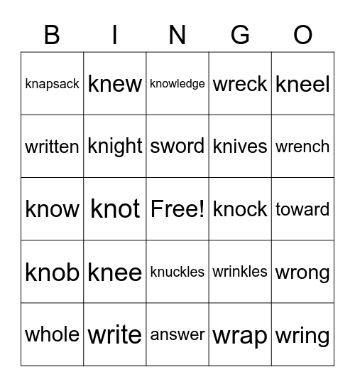 Silent K and W Bingo Card
