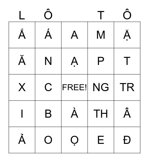 LỚP 2 Bingo Card
