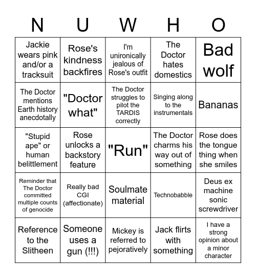 Doctor Who Series 1 Rewatch Let's Goooo Bingo Card