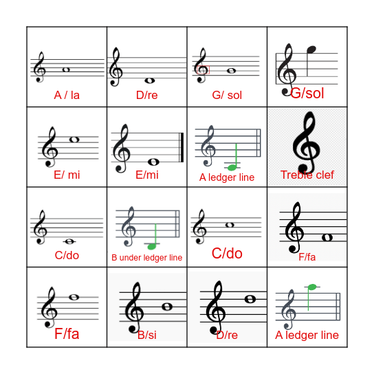 Notes on staff/LINES,Ledger lines and SPACES Bingo Card