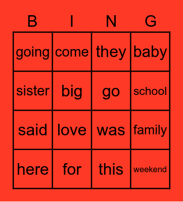 Sight Words Bingo Card