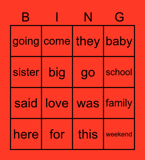 Sight Words Bingo Card