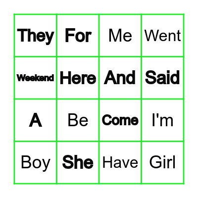 Sight Words Bingo Card