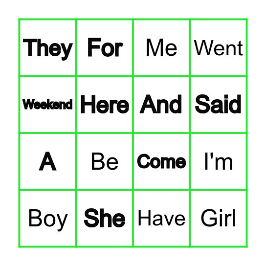 Sight Words Bingo Card