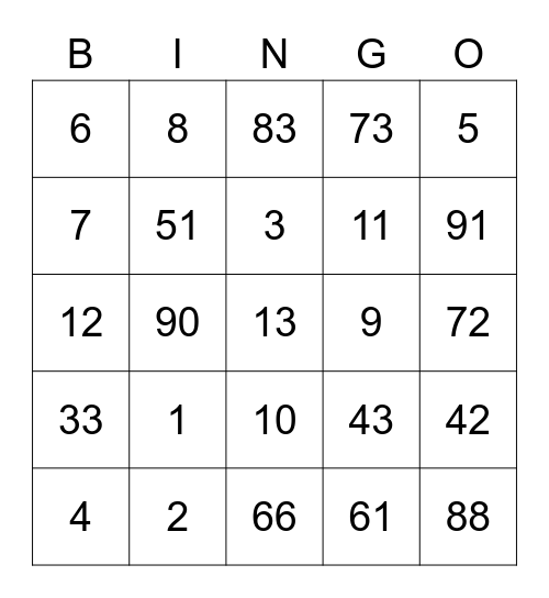 Ordinal Number Bingo Card