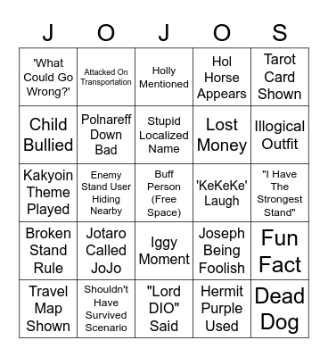 JoJo pt.3 Episode Bingo Card