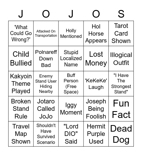 JoJo pt.3 Episode Bingo Card