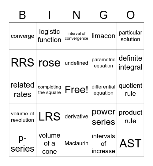 AP Calculus BC Bingo Card