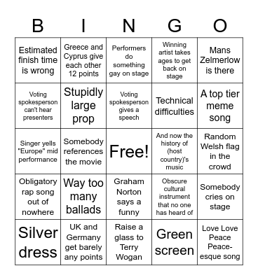 Eurovision Bingo Card