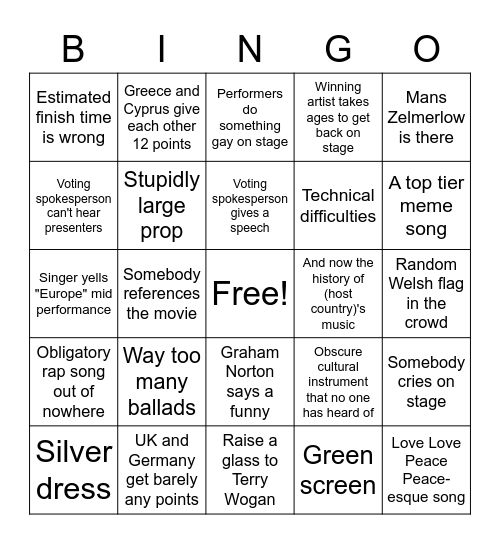 Eurovision Bingo Card