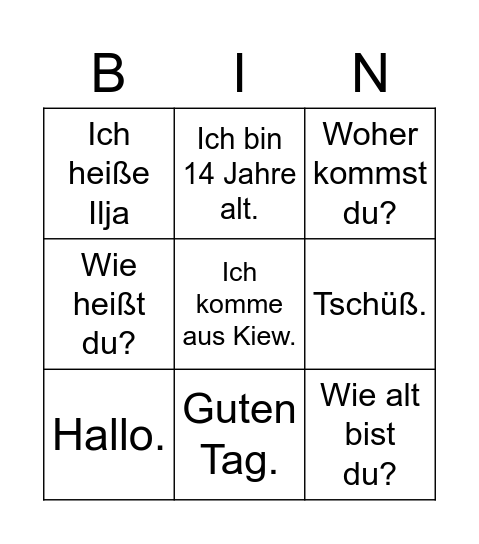 Erste Sätze in Deutsch Bingo Card